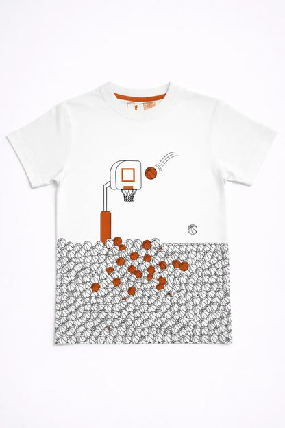 Boys white Basketball graphic t-shirt front for kids — MiMo Pakistan