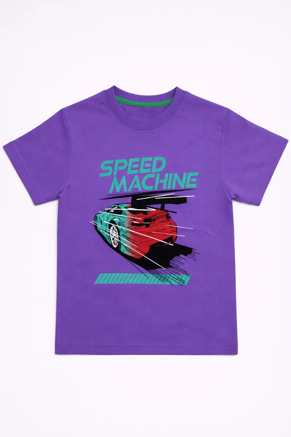 Boys purple Speed Machine racing car printed graphic t-shirt front view kids — MiMo Pakistan