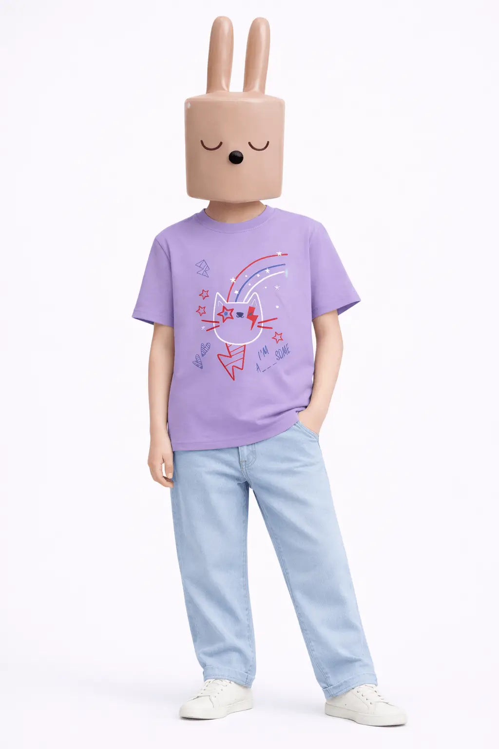 Boys lavender cat rainbow printed t-shirt with jeans kids casual outfit — MiMo Pakistan