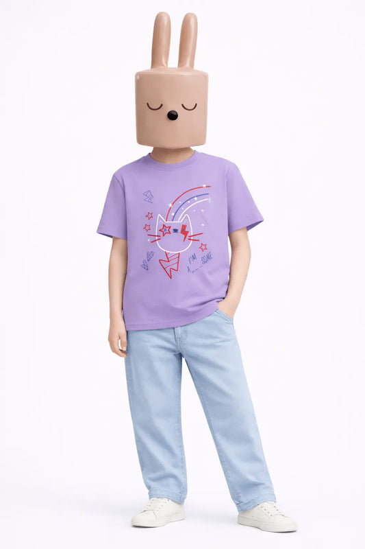 Boys lavender cat rainbow printed t-shirt with jeans kids casual outfit — MiMo Pakistan